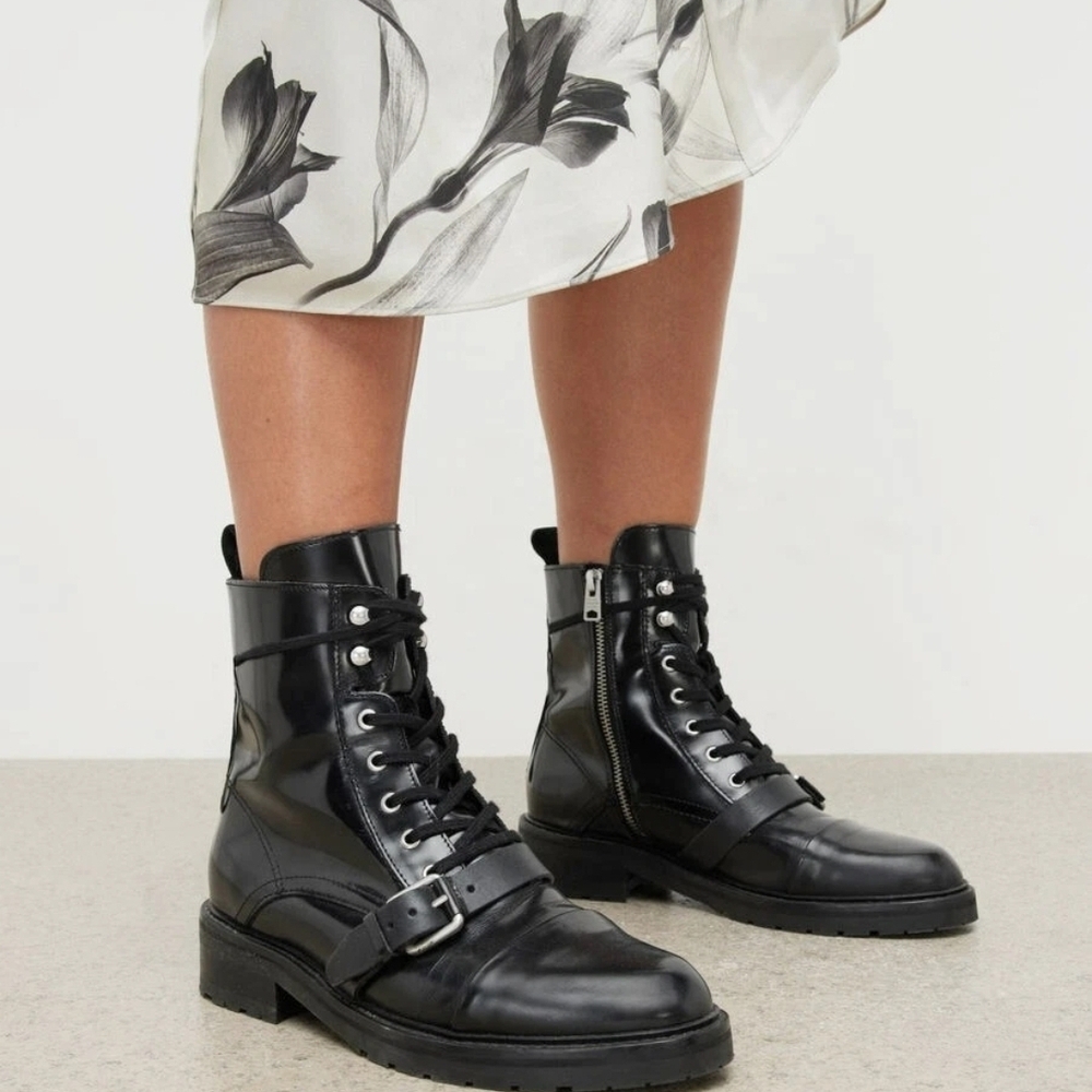 AllSaints Black Leather Lace-Up Buckle Combat Boots